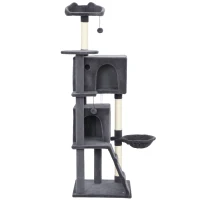 PawHut 63 Inch Cat Tree with Sisal Scratching Posts, Condos, Plush Perches, Hammock, Ladder, Dangling Balls, Dark Grey(m-2)