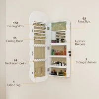 HOMCOM Jewelry Armoire Cabinet with Lights, Wall Mounted or Door Hanging Mirror Jewelry Cabinet with Full Length Mirror, White(m-6)