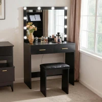 HOMCOM Makeup Vanity Desk Set with Stool, Dressing Table with LED Lighting Mirror, Drawers, for Bedroom, Black(m-1)