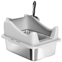PawHut Cat Litter Box Stainless Steel with Metal Litter Scoop, Never Absorbs Odors, Anti Leakage, 17" x 13" x 10", Grey(m-2)