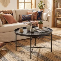 HOMCOM Coffee Table for Living Room, 24" Round Center Table with Hammered Tray Top and Metal Frame for Bedroom, Black(m-10)