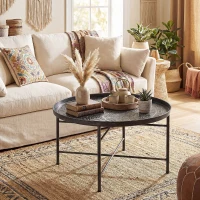 HOMCOM Coffee Table for Living Room, 24" Round Center Table with Hammered Tray Top and Metal Frame for Bedroom, Pewter(m-2)