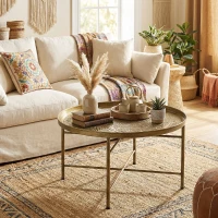 HOMCOM Coffee Table for Living Room, 24" Round Center Table with Hammered Tray Top and Metal Frame for Bedroom, Gold(m-2)