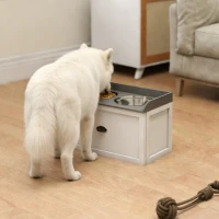 PawHut Elevated Dog Bowls Raised Pet Feeding Station with Storage 2 Stainless Steel Bowls, 23.6"x11.8" x14.2", White(m-8)