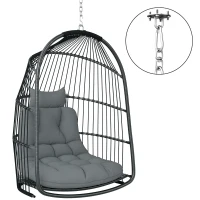 Outsunny Hanging Egg Chair, Foldable Rattan Garden Swing Chair with Installation Kit, Thickened Cushion and Headrest, Dark Grey(m-11)