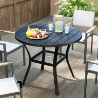 Outsunny 35.5" Round Outdoor Dining Table for 4, Metal Garden Patio Table with 1.6"-2" Umbrella Hole, Shelf, Slatted Top, Black(m-10)