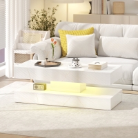 HOMCOM Coffee Table with Adjustable LED Lights, Center Table with 2 Drawers, Open Shelf, Remote, High Gloss Marble-Effect White