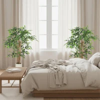 HOMCOM 4FT Artificial Banyan Tree Set of 2, Fake Potted Tree with Solid Wood Trunk and Pot for Indoor(m-9)