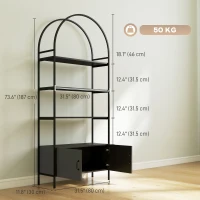 HOMCOM 4-Tier Arched Shelving Unit with Cabinet, Bookshelf for Living Room, Office, 31.5" x 11.8" x 73.6", Black(m-3)