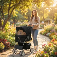 PawHut Pet Stroller with Reflective Strips, Foldable Cat Stroller with 360° Swivel Wheels for Small Dogs and Cats, Black(m-1)