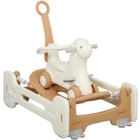 Qaba 5 in 1 Kids Rocking Horse with Detachable Base, Safety Guardrails, Footrests, Push Handle for Ages 1-3, Brown(m-11)