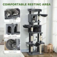 PawHut 69" Cat Tree, Multi-Level Cat Tower with 2 Condos, Plush Perch and Sisal Scratching Posts, Dark Grey(m-5)