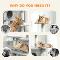 PawHut 62" Cat Tree with Scratching Post, 2 Condos, Hammock, Perches, Plush, Pompoms, for Indoor Cats, Light Grey(m-10)