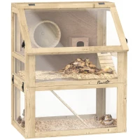 PawHut Wooden Hamster Cage, 3 Tier Gerbil Cage with Deep Bottom, Hut, Seesaw, Exercise Wheel, Ramps, 24" x 16" x 29.5"(m-11)