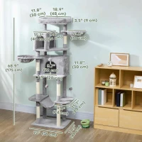 PawHut 69" Cat Tree, Multi-Level Cat Tower with 2 Condos, Plush Perch and Sisal Scratching Posts, Light Grey(m-3)