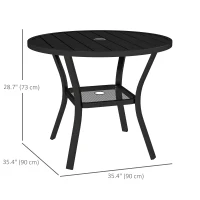Outsunny 35.5" Round Outdoor Dining Table for 4, Metal Garden Patio Table with 1.6"-2" Umbrella Hole, Shelf, Slatted Top, Black(m-3)
