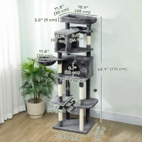 PawHut 69" Cat Tree, Multi-Level Cat Tower with 2 Condos, Plush Perch and Sisal Scratching Posts, Dark Grey(m-3)