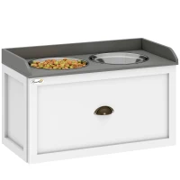 PawHut Elevated Dog Bowls Raised Pet Feeding Station with Storage 2 Stainless Steel Bowls, 23.6"x11.8" x14.2", White(m-2)