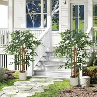 HOMCOM 4FT Artificial Banyan Tree Set of 2, Fake Potted Tree with Solid Wood Trunk and Pot for Indoor(m-1)