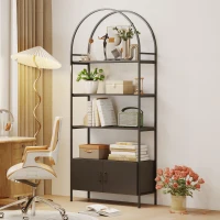 HOMCOM 4-Tier Arched Shelving Unit with Cabinet, Bookshelf for Living Room, Office, 31.5" x 11.8" x 73.6", Black(m-7)