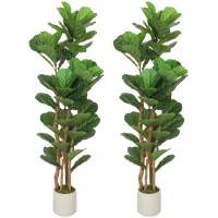 HOMCOM 5FT Artificial Fiddle Leaf Fig Tree Set of 2, Fake Potted Tree with Solid Wood Trunks for Indoor Decor, Green(m-2)