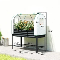Outsunny Galvanised Raised Garden Bed with Greenhouse Cover, Metal Elevated Garden Bed with Bed Liner, Bottom Shelf, Black(m-3)