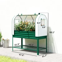 Outsunny Galvanised Raised Garden Bed with Greenhouse Cover, Metal Elevated Garden Bed with Bed Liner, Bottom Shelf, Green(m-3)