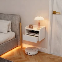 HOMCOM Wall Mounted Bedside Table, Set of 2 Floating Nightstand with Charging Station, Drawer and Open Shelf for Bedroom, White(m-10)