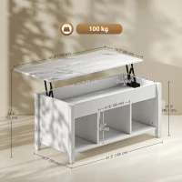 HOMCOM Lift Top Coffee Table, Modern Center Table with Storage Shelves and Hidden Compartment for Living Room, 41" L, White(m-3)