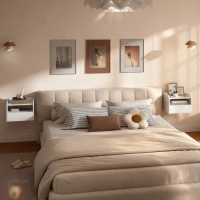 HOMCOM Wall Mounted Bedside Table, Set of 2 Floating Nightstand with Charging Station, Drawer and Open Shelf for Bedroom, White(m-9)