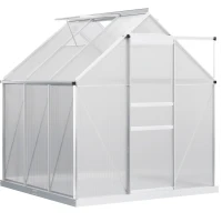 Outsunny 6' x 6' x 6.5' Polycarbonate Greenhouse, Walk-in Green House with Adjustable Roof Vent, Galvanized Base, Sliding Door and Rain Gutter for Outdoor, Garden, Backyard, Clear(m-2)