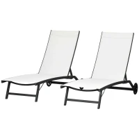 Outsunny Outdoor Lounge Chair Set of 2, Tanning Chair with Wheels, Breathable Mesh for Patio, Backyard, Poolside, Cream White(m-2)