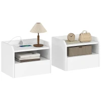 HOMCOM Wall Mounted Bedside Table, Set of 2 Floating Nightstand with Charging Station, Drawer and Open Shelf for Bedroom, White(m-11)