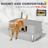 PawHut Stainless Steel Litter Box, XL High Sided Cat Litter Box with Scoop, Anti Leakage & Easy to Clean, 24" x 16" x 12", Grey(m-7)