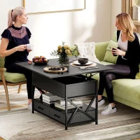 HOMCOM Modern Coffee Table, Lift Top Center Table with Fabric Drawers and Hidden Storage for Living Room, Distressed Black(m-9)