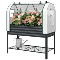 Outsunny Galvanised Raised Garden Bed with Greenhouse Cover, Metal Elevated Garden Bed with Bed Liner, Bottom Shelf, Black(m-1)