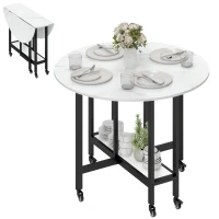 HOMCOM Folding Dining Table, Drop Leaf Table with Open Shelf, Rolling Kitchen Table for Dining Room, Small Spaces, White Marble(m-11)