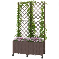 Outsunny Planter Box with Trellis, Self Watering Raised Garden Bed with Lockable Wheels and Drainage Holes, Brown(m-1)