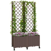 Outsunny Planter Box with Trellis, Self Watering Raised Garden Bed with Lockable Wheels and Drainage Holes, Brown(m-11)