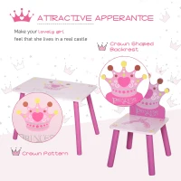 Qaba 3-Piece Kids Wooden Table and Chair Set with Crown Pattern Gift for Girls Toddlers Arts Reading Writing Age 2-4 Years Pink(m-7)