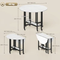 HOMCOM Folding Dining Table, Drop Leaf Table with Open Shelf, Rolling Kitchen Table for Dining Room, Small Spaces, White Marble(m-3)