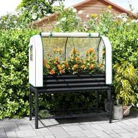 Outsunny Galvanised Raised Garden Bed with Greenhouse Cover, Metal Elevated Garden Bed with Bed Liner, Bottom Shelf, Black(m-2)