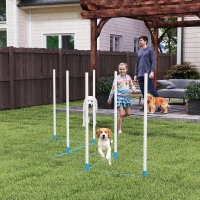 PawHut Adjustable Dog Agility Training Obstacle Set with Weaves Poles and Storage Bag for Pet Dogs Outdoor Games Exercise Blue and White(m-1)