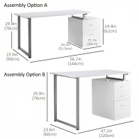 HOMCOM 47" Computer Desk Writing Table Workstation with Multi-Use Reversible File Drawers Metal Frame Home Office Furniture, White(m-3)