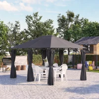 Outsunny 13'x 10' Soft-top Steel Patio Gazebo Canopy Party Tent with 6 Removable Curtains and Drainage Holes, Dark Grey(m-10)