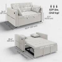 HOMCOM 3‑in‑1 Convertible Sofa Bed, Pull Out Sleeper Sofa with USB Charging, Adjustable Backrest, Side Pockets, Beige(m-3)
