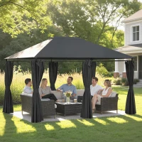 Outsunny 13'x 10' Soft-top Steel Patio Gazebo Canopy Party Tent with 6 Removable Curtains and Drainage Holes, Dark Grey(m-9)