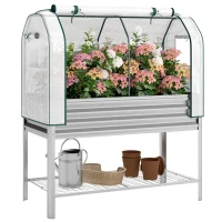 Outsunny Galvanised Raised Garden Bed with Greenhouse Cover, Metal Elevated Garden Bed with Bed Liner, Bottom Shelf, Silver(m-11)