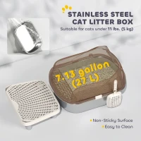 PawHut Stainless Steel Cat Litter Box with High Sided Enclosure, Step, Scoop, Non-Sticky & Anti-Urine Leakage, Easy Cleaning(m-5)