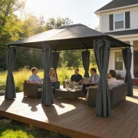 Outsunny 13'x 10' Soft-top Steel Patio Gazebo Canopy Party Tent with 6 Removable Curtains and Drainage Holes, Dark Grey(m-1)